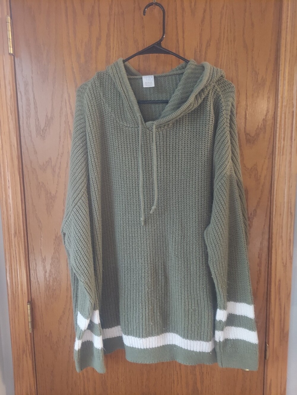 Time and Tru Olive Green Knit Hooded Sweater XL (16-18) Striped Trim